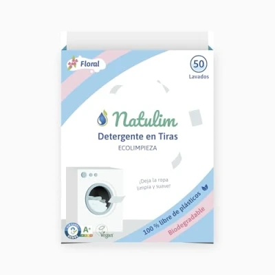 Imagen de Natulim Detergente en Tiras para Lavadora (50 Lavados) Incluye efecto Suavizante, Ecológico, Hipoalergénico, Made in Spain Ropa limpia y suave sin ensuciar el Planeta (Fragancia Floral)