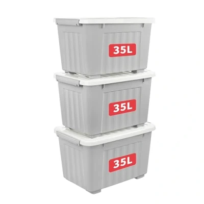Imagen de Cetomo 35L*3 Cajas de Almacenamiento con Tapas, Contenedores Plástico Ruedas, Clip On, Apilables, Encajables, Organizador Rayado para Oficina en Casa, Gris, 35L 3 Pack