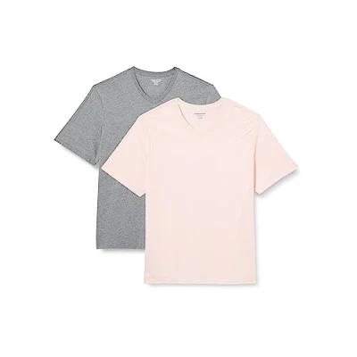 Imagen de Amazon Essentials Camiseta de manga corta, cuello pico, corte recto (disponible en tallas grandes y largos especiales) Hombre, Pack 2, Gris Mezcla/Rosa Pálido, XXL