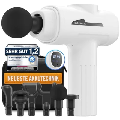 Imagen de HELDENWERK pistola de masaje, incluye 6 cabezales masaje y 30 velocidades, con conector USB C pantalla táctil LCD, masajeador muscular,