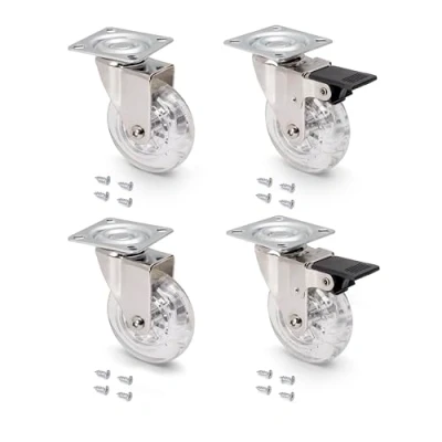 Imagen de Emuca Lote de 4 ruedas pivotantes para mueble Ø75mm con placa montaje y rodamiento bolas, goma muebles color transparente