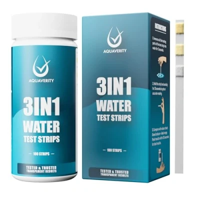 Imagen de AQUAVERITY Tiras Reactivas Para Piscina, 100 Piscina y Spa, Alcalinidad Total, Cloro Libre Bromo pH, de Prueba 3 en 1 Agua Spa