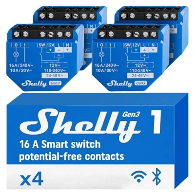 Imagen de Shelly 1 Gen3 Interriptor Relé intoeligente con contactos secos, Wi Fi y Bluetooth, Control remoto de luz por App, Compatible Alexa Google Home, No requiere Hub, Chip 8MB 4 Piezas