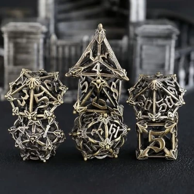 Imagen de DND Dados Metal Juego Dado Poliédrico Hueco Flor D&amp;D 7 Piezas para Mazmorras y Dragones Pathfinder RPG MTG D4 D6 D8 D10 D12 D20 D%