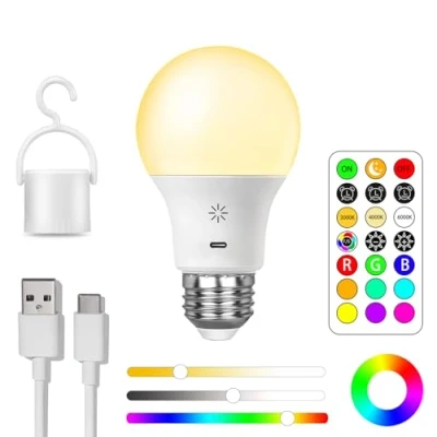 Imagen de USB C Recargable Bombilla Batería Con Control Remoto, 8W Inteligente Bombillas RGB Cambio De Color, 9+3 Temperatura E27 LED Regulable Lampara Táctil Temporizador, 2600mAh,1 pack