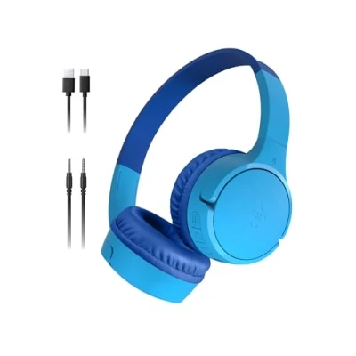 Imagen de Belkin SoundForm Mini Auriculares inalámbricos para niños con micrófono,on Ear, 30 Horas de autonomía y Adhesivos, Cascos supraaurales enseñanza en línea Viajar, iPhone, iPad o Galaxy, Azules