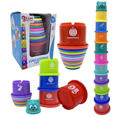 Imagen de Ram© Baby Kids Juego de 11 Tazas apilables para niños y bebés, Juguete Aprendizaje Preescolar, Torre apilable, pirámide