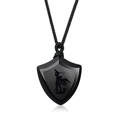 Imagen de COAI Collar con Colgante para Hombre Escudo de la Fe on San Miguel Vinciendo a Satanás Obsidiana Negra Piedra Natural