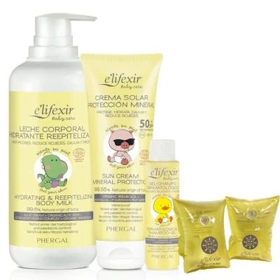 Imagen de Baby Care de Elifexir Pack Especial Verano Protector Solar SPF 50+ (100 ml) + Crema Hidratante (400 Minitalla Gel Champú (50 Manguitos Protección Completa del Bebé
