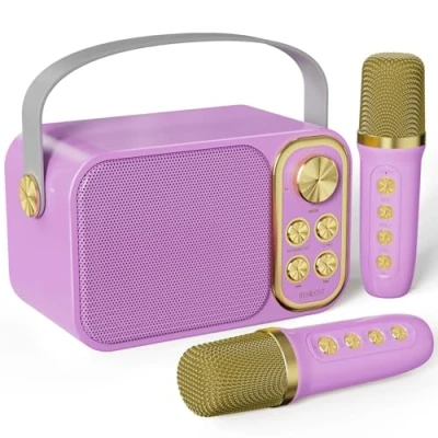 Imagen de BESCOST Karaoke Profesional con 2 Micrófonos Inalámbricos, Bluetooth Altavoz para Niños, Portátil Máquina de Ideal Boda, Fiesta, Cumpleaños（Violeta）