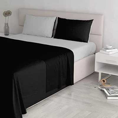 Imagen de Italian Bed Linen Juego de sábanas Natural Color Plana 150x300, Hoja instalada 90x200cm+Funda 52x82cm, Petroleo/Verde Botella, 150 x 200 cm