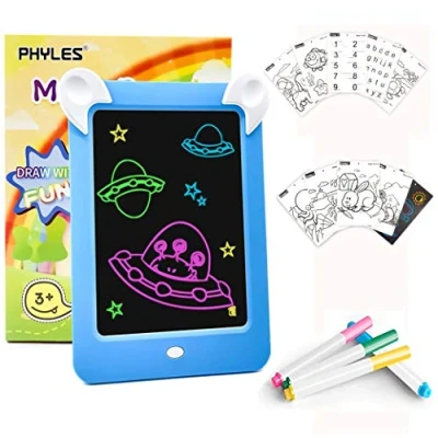 Imagen de PHYLES Tablero de Dibujo Mágico, Pizarra 3D Mágico con Luces LED para Niños, Boceto, Arte, Juguetes Educativos y Regalo, Incluye 10 Plantillas, 4 Bolígrafos, 1 Paño Limpieza (New Azul)
