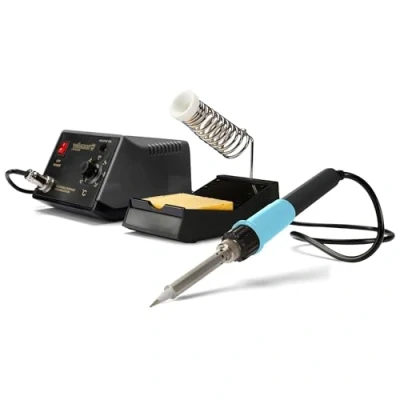 Imagen de Velleman Estación de soldadura con pantalla y elemento calefactor cerámico, 48 W, rango temperatura 150 420 C, mango cómodo, adecuada para profesionales o aficionados al bricolaje, gris