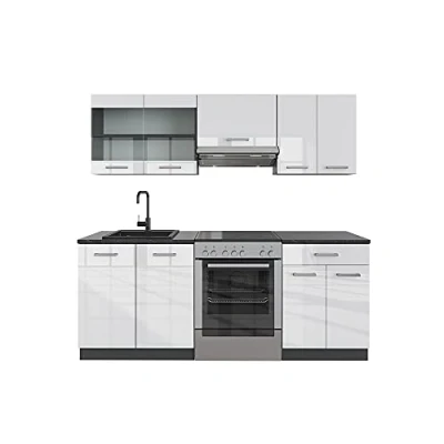 Imagen de Vicco Mueble de Cocina R Line, Blanco Brillo/Antracita, 200 cm sin encimera