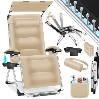 Imagen de KESSER® Tumbona Plegable XXL, Resistente a la Intemperie, Capacidad de Carga 200kg, Tapizado Ergonómico, Respaldo Ajustable, Cojín Cervical, Portavasos y para Brazos, con Toldo Azul Marino