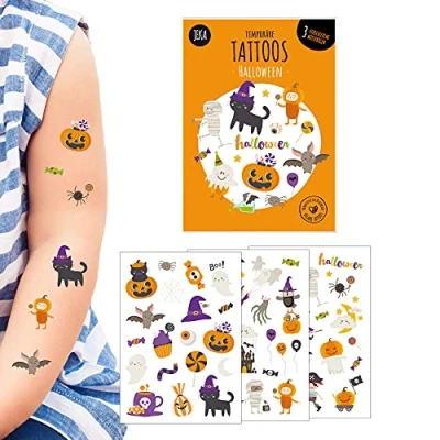 Imagen de 3 hojas de Tatuajes temporales adhesivos para niños, Motivo: Halloween, efímeros 100% veganos e hipoalergénicos, Idea Regalo di cumpleaños