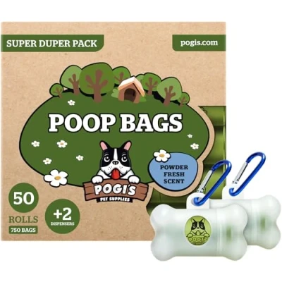 Imagen de Pogi&#039;s Poop Bags Bolsas para excremento de perro 50 Rollos (750 Bolsas) + 2 Dispensadores Grandes, Biodegradables, Perfumadas, Herméticas