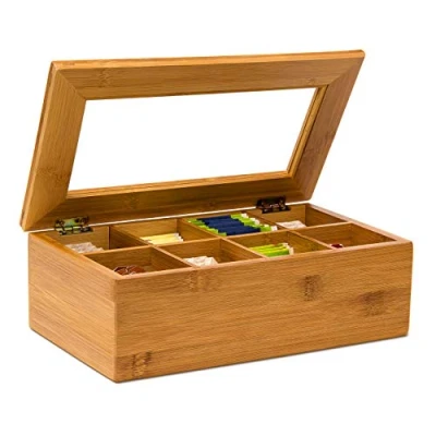 Imagen de relaxdays Caja para bolsitas té, Bambú, 8 Compartimentos, 9 x 28 16 cm, 0.8 Kg, marrón, Madera