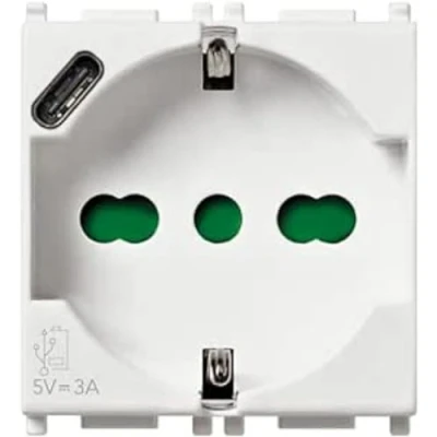 Imagen de VIMAR 14210.USB Plana toma 2 módulos SICURY 2P+T 16A 250V universal estándar italiano P40 y salida USB tipo C 5V 3A para carga rápida, blanco
