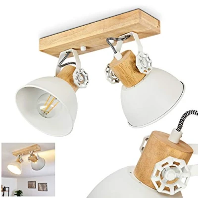 Imagen de hofstein lámpara de techo Orny, metal/madera en blanco/marrón, 2 luces, con focos ajustables, x casquillo E27, punto diseño retro/vintage, sin bombilla(s)