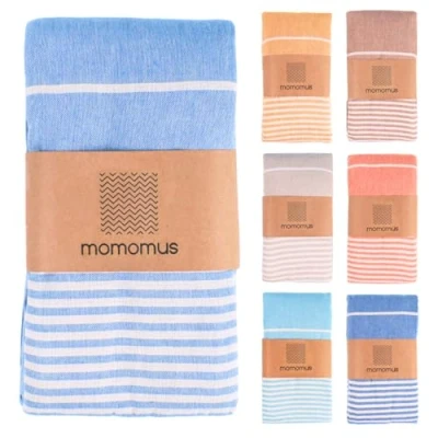 Imagen de MOMOMUS Fouta Playa XXL, con Flecos y 100% Algodón Ideal como Toalla de Grande Antiarena, Manta Picnic sin Arena, Pareo Gigante o Alfombra Piscina Celeste, 210x240 cm