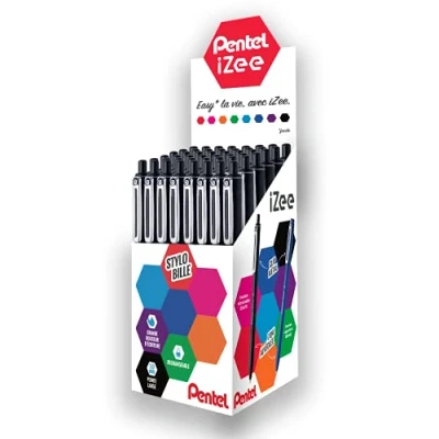 Imagen de Pentel iZee BX470 A Juego de 48 bolígrafos retráctiles con clip metal, punta ancha 1 mm, color negro