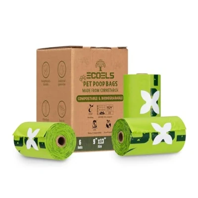 Imagen de ECOELS bolsas para excrementos de perros 100% compostables y biodegradables 90 extra grandes, fuertes a prueba fugas COMPOST HOME certificado elaborado con almidón