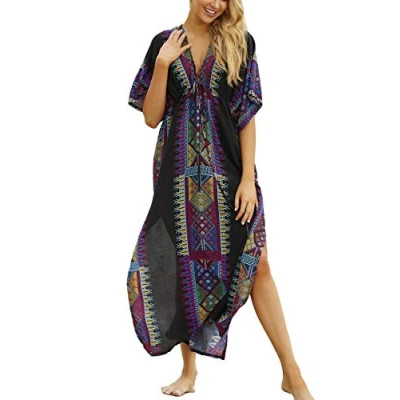 Imagen de YouKD Caftan Flojo Estampado Verano Floral Boho Vestido de Bikini Playa Bata Talla Grande para Mujer