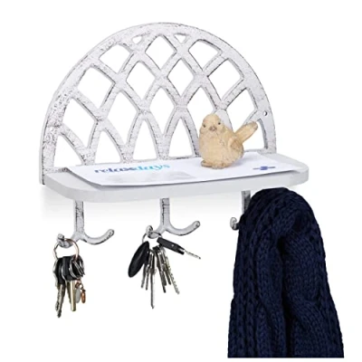 Imagen de relaxdays Colgador Llaves con Estante, Perchero Pared, Recibidor, Hierro Fundido Madera, 1 Ud, 23 x 27 12 cm, Blanco