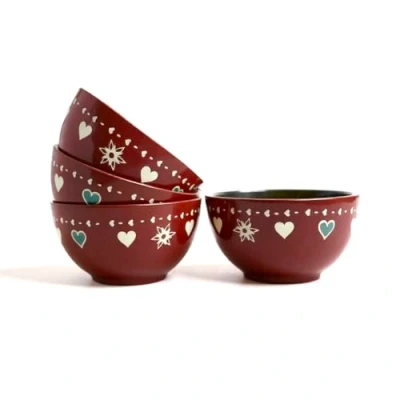 Imagen de Anytime Juego de 4 cuencos cerámica roja 450 ml con diseño corazón para sopa, arroz, postre, desayuno, ensalada, lavavajillas y microondas.