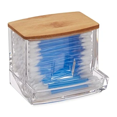 Imagen de Relaxdays Caja Bastoncillos de Algodón, Acrílico, Cajita con Tapa, Dispensador para Palitos Oídos, Transparente/Natural, Bambú, Medium