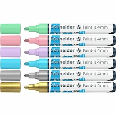 Imagen de Schneider Paint It 320 Juego de rotuladores acrílicos (2 unidades, punta redonda 4 mm, alta opacidad, colores brillantes, para casi todas las superficies)