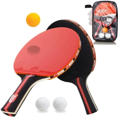 Imagen de Palas Ping Pong, Amaza Set de Pong 2 Raquetas y 3 Pelotas, Tenis Mesa, Paletas (7 Capas Madera álamo + Esponja Dealta Elasticidad mm)