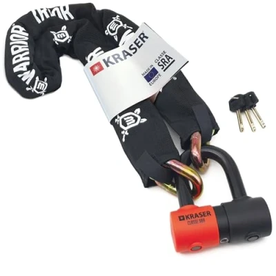 Imagen de KRASER KR50120 Cadena Alta Seguridad Antirrobo Moto + Candado Disco Mini U ø13.5, 120cm Homologado Classe SRA, Robusto, Full Tested Antirobo Vesátil para Motocicleta, Scooter Bici Anclaje Parking