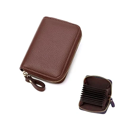 Imagen de ZMREN Titular de Tarjeta Credito, RFID Bloqueo Carteras, Fundas para Tarjetas crédito, Crédito Tarjetero con Cremallera Color café