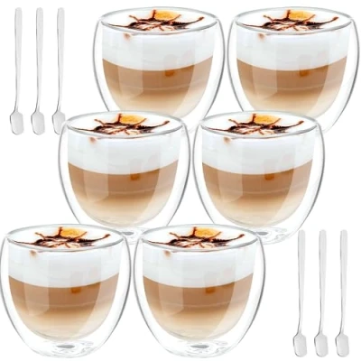 Imagen de Tazas de Café Cristal, Vasos Doble Pared Transparente, Vidrio Borosilicato con 6 Cucharillas, Taza Cristal para Cafe Leche Té Latte Macchiato y Más, Mantienen el Calor, 250ml*6