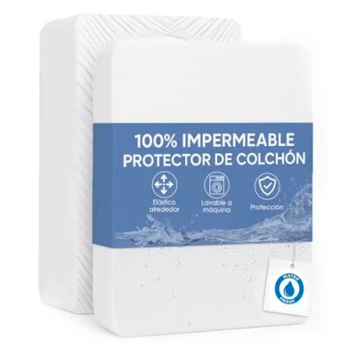 Imagen de MERCURY TEXTIL Protector de Colchón Impermeable Rizo 100% Poliéster,Elástico En Todo El Contorno,Cubre Anti ácaros, Absorbente, Ajustable hasta 30 cm. (Cama 90)