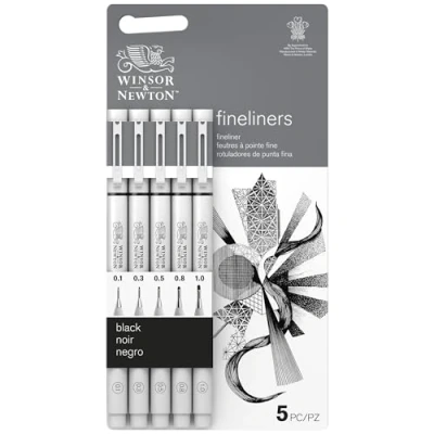 Imagen de Winsor Newton Fineliner Rotulador calibrado, Puntas surtidas, Negro, Set de 5, Surtido
