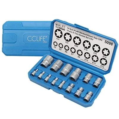 Imagen de CCLIFE Juego de llaves vaso E Torx, llave torx hembra (14 piezas, con perfil E, E4 E24, 1/4, 3/8, 1/2 pulgadas)