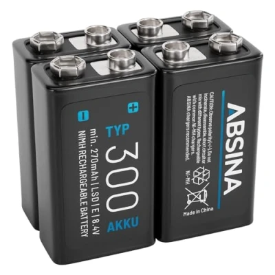 Imagen de ABSINA 4X Pilas 9V Recargables 300 con Baja Autodescarga Pila de Bloque NiMH 8,4V y al Menos 270mAh Recargable, Battery, bateria 9V, 6LR61, Recargable 6F22