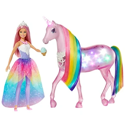 Imagen de Barbie Dreamptopia Muñeca con pelo rosa y su unicornio luces mágicas (Mattel GWM78),Embalaje sostenible