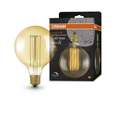 Imagen de OSRAM Lámpara LED Vintage 1906 dorada, 8,8 W, 806 lm, forma de globo con 95 mm diámetro y casquillo E27, luz blanca cálida, filamento recto, regulable, vida útil hasta 15.000 horas