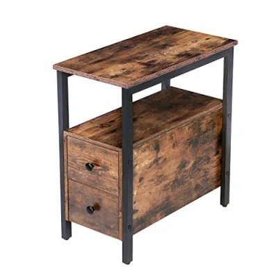 Imagen de HOOBRO Mesa Auxiliar, de Café, Auxiliar Estrecha con 2 Cajones y Estantes Abiertos, Sofá, Mesita Noche para Espacios Pequeños, Madera, Industrial, Marrón Rústico EBF548BZ01G2