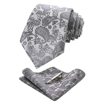 Imagen de JEMYGINS Conjunto de Corbata y Pañuelo para Hombre Elegante Paisley Graziös con Pinza Gris2