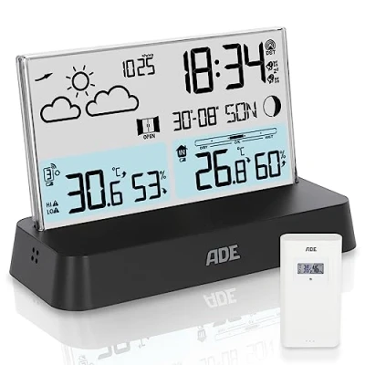 Imagen de ADE Estación meteorológica interior exterior digital con sensor Higrómetro, barómetro Calendario y fases de luna despertador iluminación negro