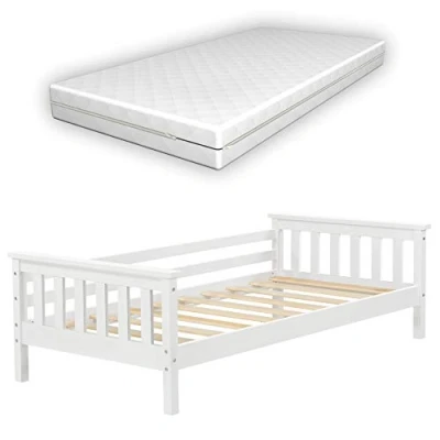 Imagen de [en.casa] Cama para niños Nuuk de Pino 70 x 140cm con Colchón Ortopédico y Somier área Almacenamiento Protección contra caídas Blanco