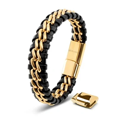 Imagen de SERASAR Pulsera Hombre Oro 20cm de Cuero Dorado Pulseras Hombres Brazalete Brazaletes Pulso Muñequera Muñequeras Bisuteria Joyeria Nudos Cuerda Cuerdas Bracelet Men Jewellery