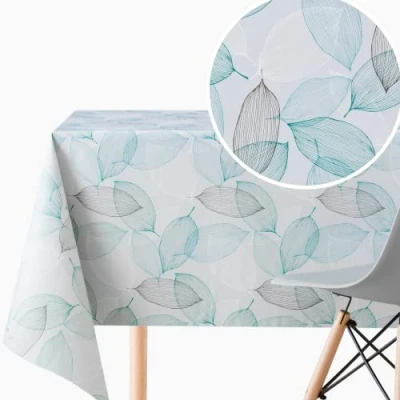 Imagen de KP Home mantel de plástico con estampado hojas color gris, verde azulado, rectangular, PVC, 300x140 pulgadas, impermeable, grande vinilo, fácil limpiar, aceite, gris