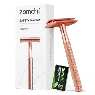 Imagen de ZOMCHI Maquinilla de afeitar metal Afeitadora Manual para mujer y Hombre clasica con 5 cuchillas Se adapta a todas las maquinillas doble filo Oro Rosa