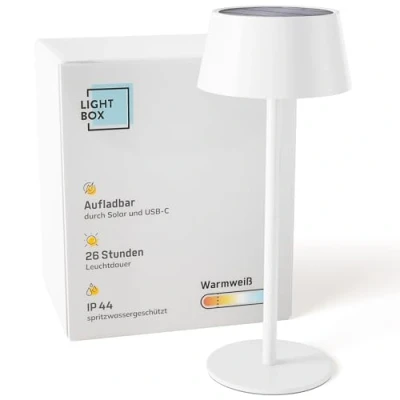 Imagen de Lightbox LED Außen Tischlampe Ø 13 cm kabellose Outdoor Lampe mit Solar 3 Stufen Touch Dimmer Akku betriebene Tischleuchte (4 W, 300 lm, 3000 K) aus Metall/Kunststoff in Weiß Balkon Deko